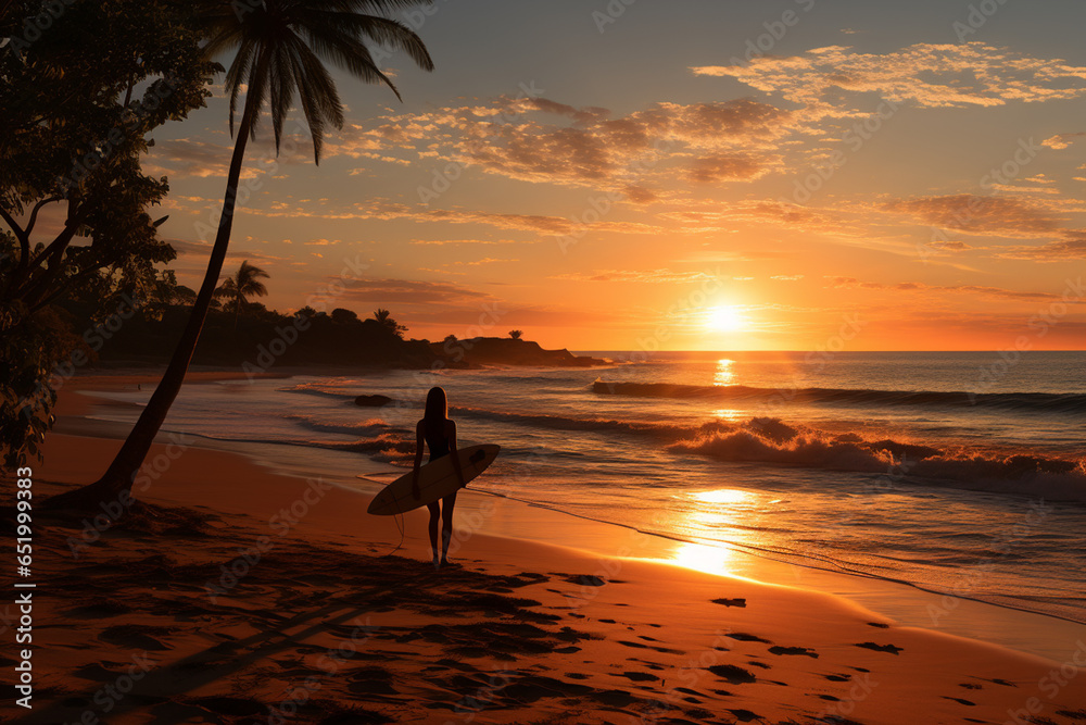Fototapeta premium surfer woman with surfboard on the beach near sea