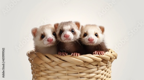 Cute Ferrets in a basket with pastel colors on a white.Generative AI photo