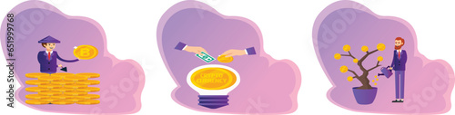 Cryptocurrency illustration set. Characters investing in safe bitcoin card and electronic devices planning financial strategy to achieve money growth and stability. Investment growth concept.