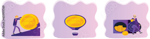 Cryptocurrency illustration set. Characters investing in safe bitcoin card and electronic devices planning financial strategy to achieve money growth and stability. Investment growth concept.