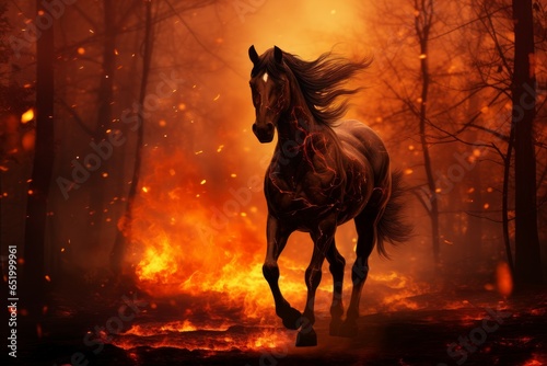 Untamed Fire horse in night forest. Fog fantasy night. Generate Ai