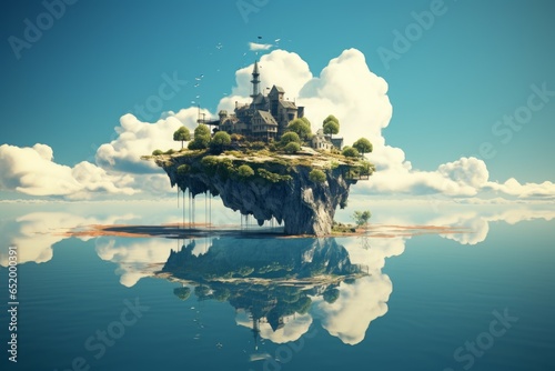 Ethereal Floating island clouds. Rock land. Generate Ai © juliars