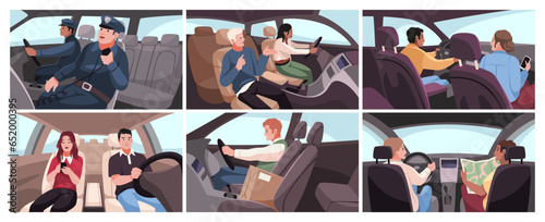 Drivers and passengers in car interiors. People in private cars, police officers in company vehicle, delivery service, automobile interior different side view. Cartoon flat tidy vector set