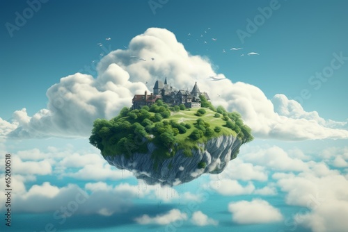 Surreal Floating island clouds. Rock land. Generate Ai © juliars