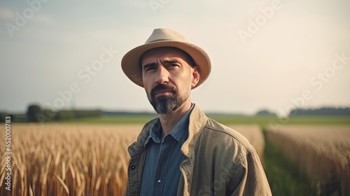  a adult farmer man standing on a wheat grass field. wearing a hat.  © 3D Station