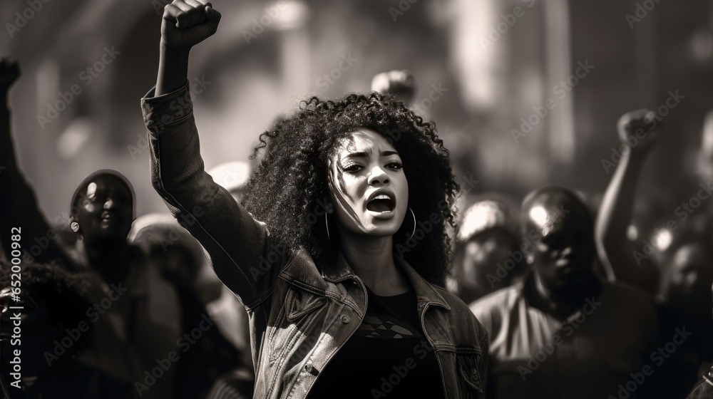 Black woman raising her fist at a protest, concept of the Black Lives Matter movement and highlighting racial inequality - obrazy, fototapety, plakaty 