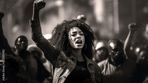 Fotografie, Tablou Black woman raising her fist at a protest, concept of the Black Lives Matter mov