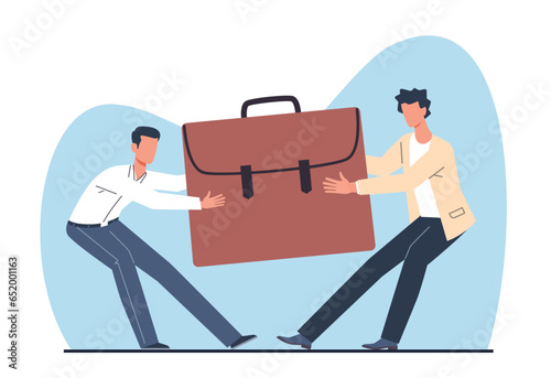Employee conflict, two employees fighting for position. Stressful office situation. Aggressive yelling character. Disagreement on workplace. Cartoon flat style isolated vector concept