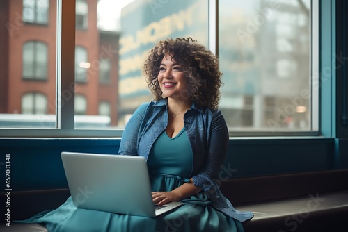 Plus-size, overweight beautiful large female businesswoman smiling at her laptop photo