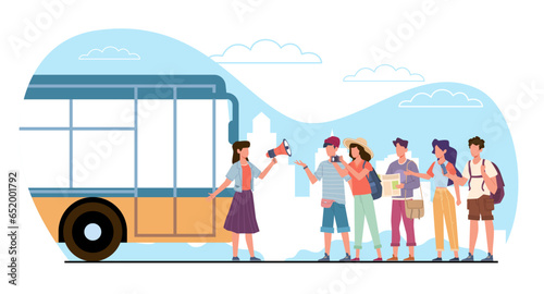 Female tour guide calls travelers through megaphone for bus tour of city. Travel man and woman visit sightseeing. Bus excursion. Vacation cartoon flat style isolated vector concept