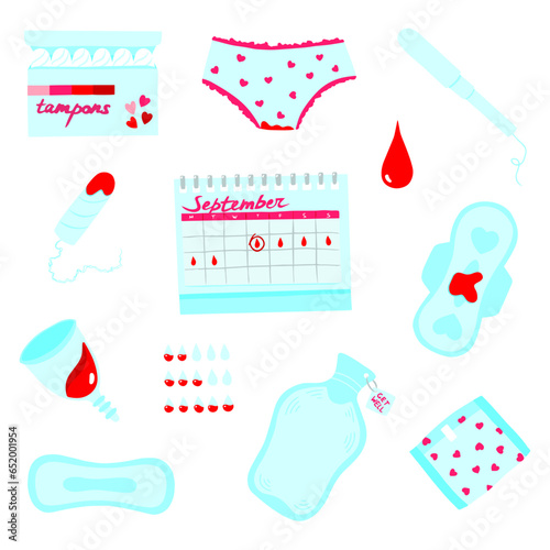 Period stickerpack, menstruation vector illustration set, women`s health