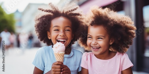 Two Happy Children With Dark Skin Enjoying Ice Cream During The Summer Illustrating The Joy Of Childhood And Family Moments