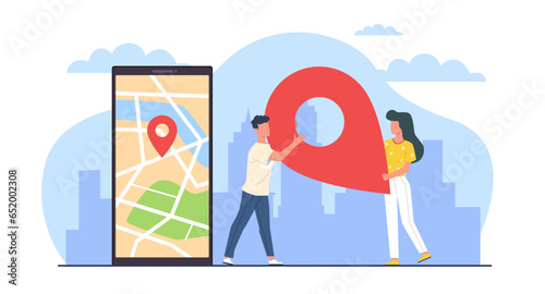 Guy and girl carrying large sign on map, changing office location, moving. Huge smartphone and tiny people. Location pin icon. Device screen. Cartoon flat style isolated vector concept