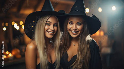 Two friends dressed as witches for Halloween. © MP Studio