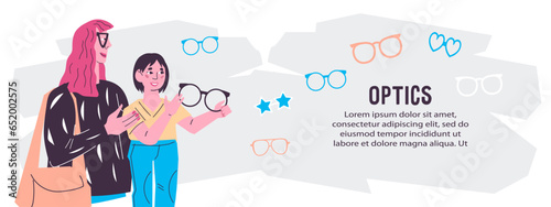 Children optics banner or flyer design for eye clinics, optometrists, and children eyewear retailers, vector illustration. Background design for optometry.