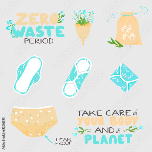 Eco period stickerpack, zero waste period, menstruation vector illustration set