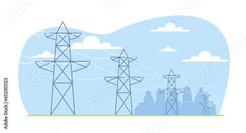 High voltage distribution grid supports transmit electrical power to city. Electric transmission. Industrial landscape. Lines and towers. Cartoon flat style isolated vector concept