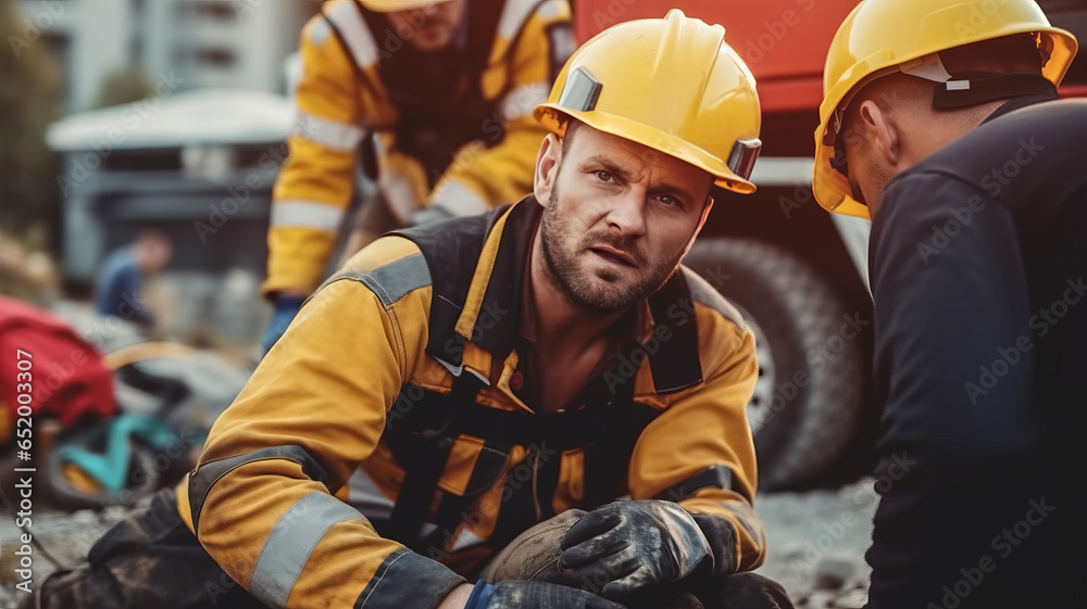 Accident at construction site. Physical injury at work of construction worker.generative ai Accident at construction site. Physical injury at work of construction worker.generative ai