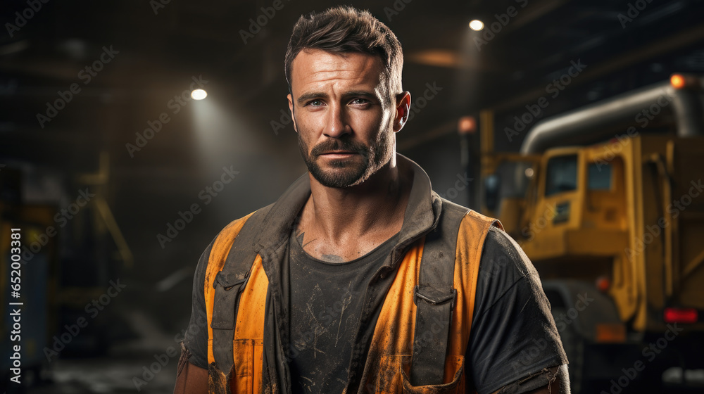 A strong and capable construction worker captured in a portrait. - obrazy, fototapety, plakaty 