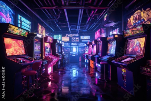 Inside a dimly lit 80s arcade with synthwave colors © NumediaPhoto