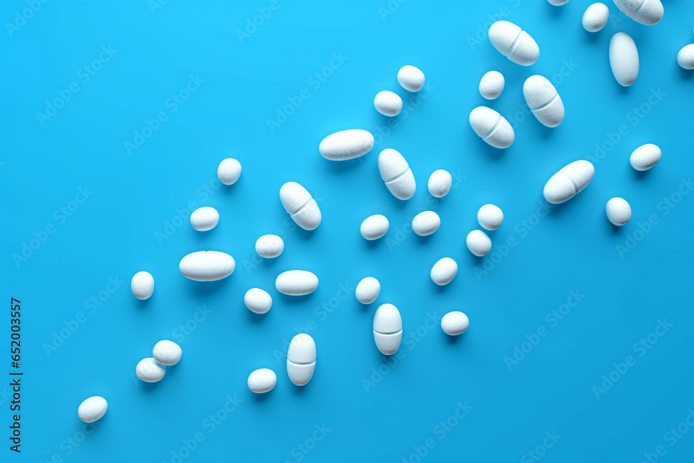 Blue white pills falling on a blue background