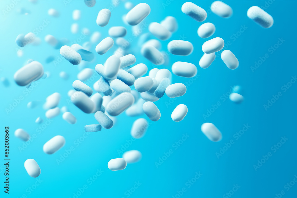 Blue white pills falling on a blue background