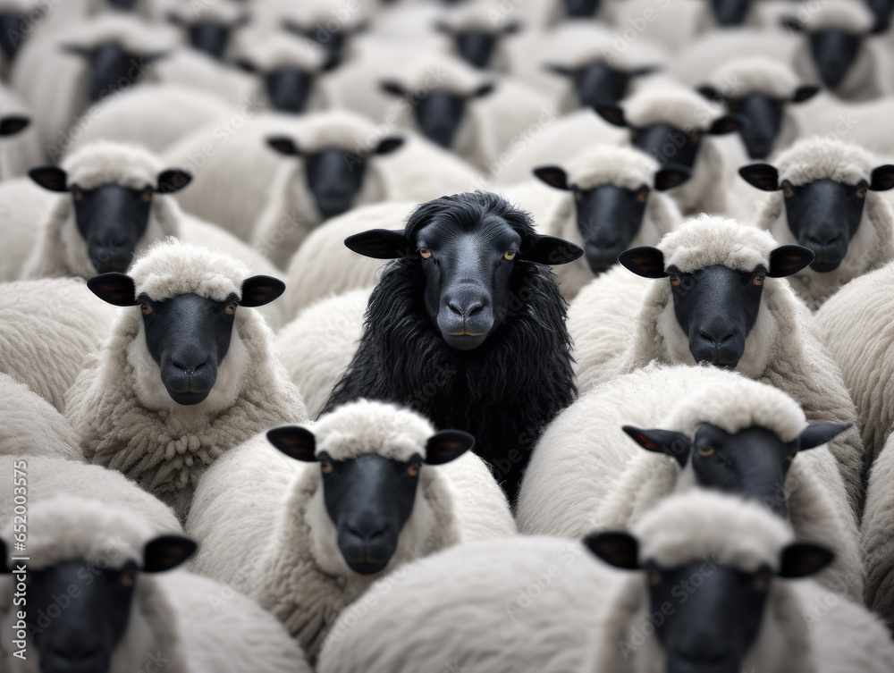 This captivating image captures a black sheep standing out among a group of white sheep against a clean backdrop, representing distinctiveness and diversity. This captivating image captures a black sheep standing out among a group of white sheep against a clean backdrop, representing distinctiveness and diversity.