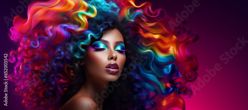 Stunning dreamy black woman with long colorful hairextensions. Beauty fashion banner photo
