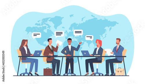 In board meeting with head of company, executives discuss companys global strategy. Male and female characters team vote. Teamwork brainstorm cartoon flat style isolated Vector concept