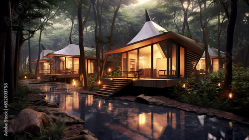 concept design for modern thai style cabins in the woods with small hot pools fed be a creek