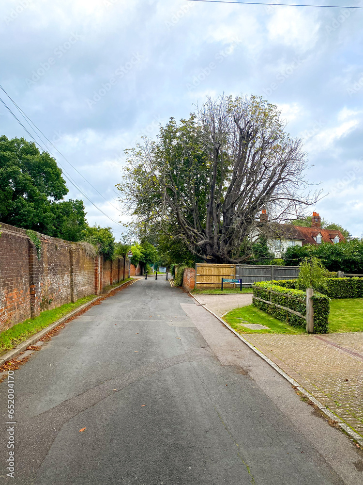 Fototapeta premium Walking along a narrow road in Reading, UK alongside an old, weathered brick wall