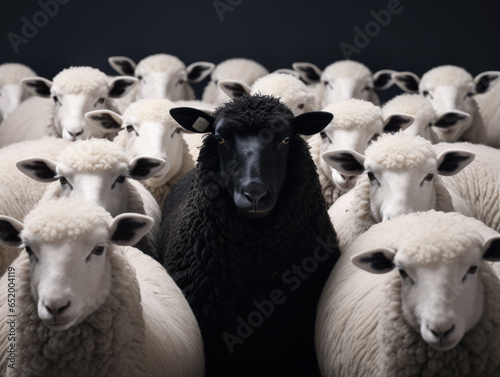 This captivating image captures a black sheep standing out among a group of white sheep against a clean backdrop, representing distinctiveness and diversity.