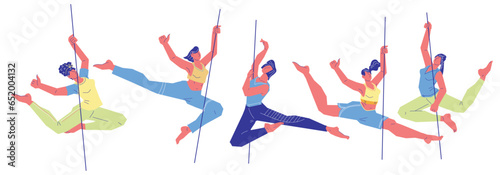 Pole or pylon dancers female characters in sportswear, vector illustration isolated on white background. Pole dance gymnastic and fitness sport training.