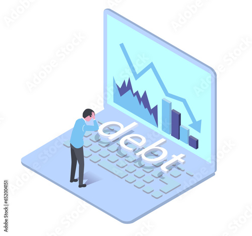 vector isometric illustration of debt and bankruptcy,a man depress for debt
