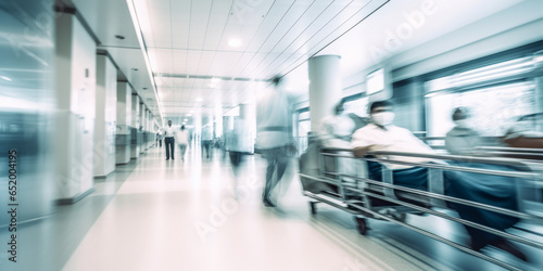 doctors push a patient on a gurney along the hospital corridor, blurry photo, speed effect.