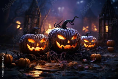 Halloween concept: spooky collection of jack o' lantern pumpkins. Presented in a scary scene. Generative AI. 