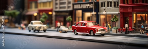Miniature Model Of Cityscape A Modern Miniature Model Of Glass Buildings And Streets With A Tiltshift Focus Technique Emphasizing A Red Car In The Middle Of The Street