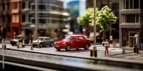 Miniature Model Of Cityscape A Modern Miniature Model Of Glass Buildings And Streets With A Tiltshift Focus Technique Emphasizing A Red Car In The Middle Of The Street
