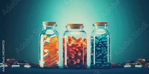 Pharmaceutical And Healthcare Concept Different Bills And Bottles Symbolizing Pharmaceutical And Healthcare Medication And Drug Research Labs With Room For Text photo