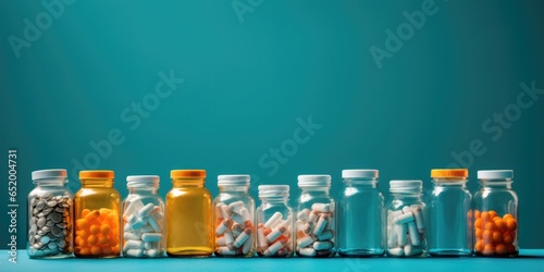 Pharmaceutical And Healthcare Concept Different Bills And Bottles Symbolizing Pharmaceutical And Healthcare Medication And Drug Research Labs With Room For Text