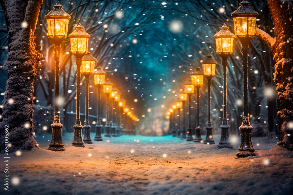 background of a snowy road with streetlights on the edge in christmas. Cold and winter background illuminated at night
