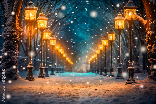 background of a snowy road with streetlights on the edge in christmas. Cold and winter background illuminated at night © Sheila