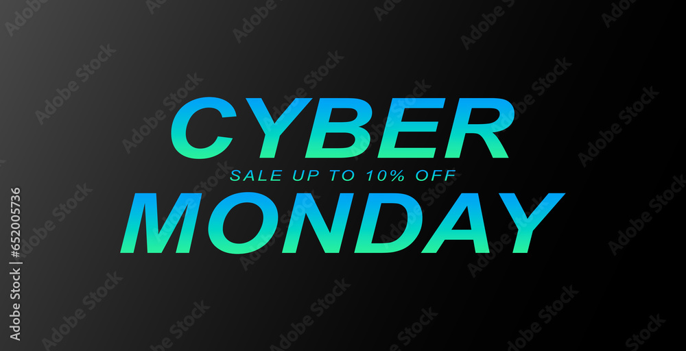 Obraz premium Cyber Monday sale banner with neon green to bright blue gradient color typography on black texture background, vector illustration template.