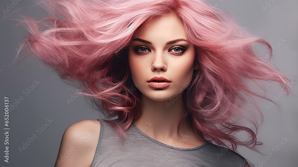 Lively pink hair on a gray background. - obrazy, fototapety, plakaty 