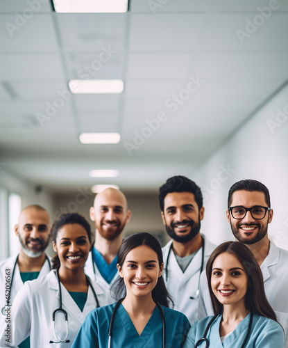 A group of doctors and nurses smiling in a hospital - vertical image