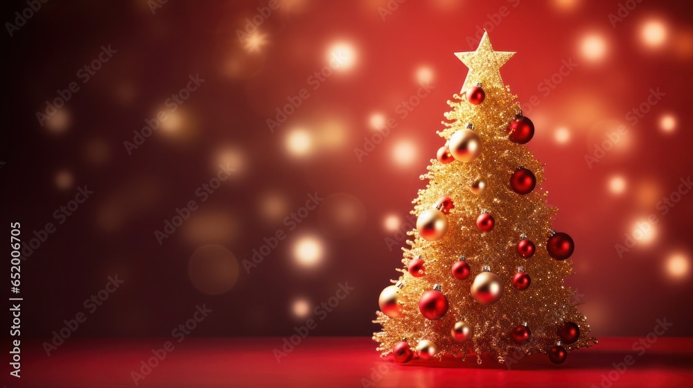 Golden Christmas tree on blurred background, generative ai