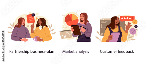 Business Concept illustrations. Scenes with men and women taking part in business activities. Vector illustration