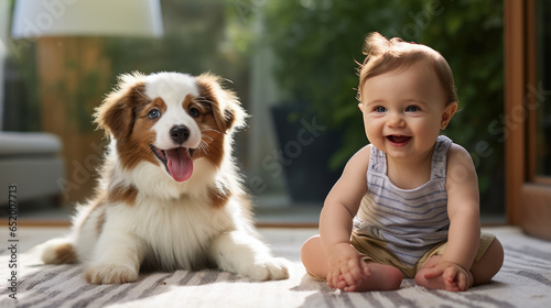 Happy smiling little child with his dog