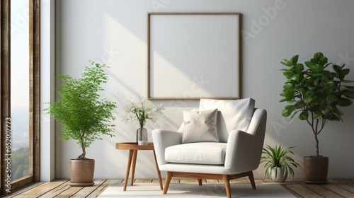 Interior design of a modern living room with an armchair, featuring an empty mock-up poster frame on a white wall