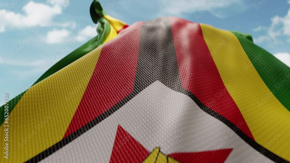 Wavy flag of Zimbabwe blowing in the wind in slow motion. Waving official Zimbabwean flag team symbol abstract vertical background. Blue sky with clouds. World countries flying flags concept